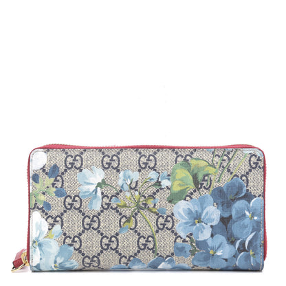 Gucci GG Supreme Monogram Blooms Zip Around Wallet Blue Red 1 of 9