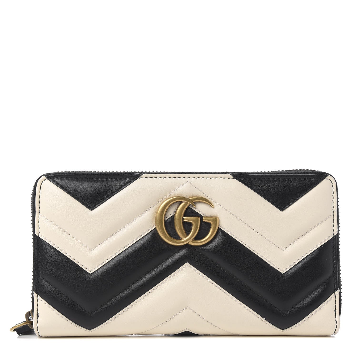 Gucci Calfskin Matelasse GG Marmont Zip Around Wallet Black White 1 of 6