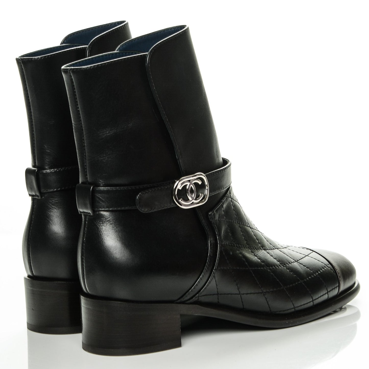 Calfskin Quilted Cap Toe Boots 37 Black Brown