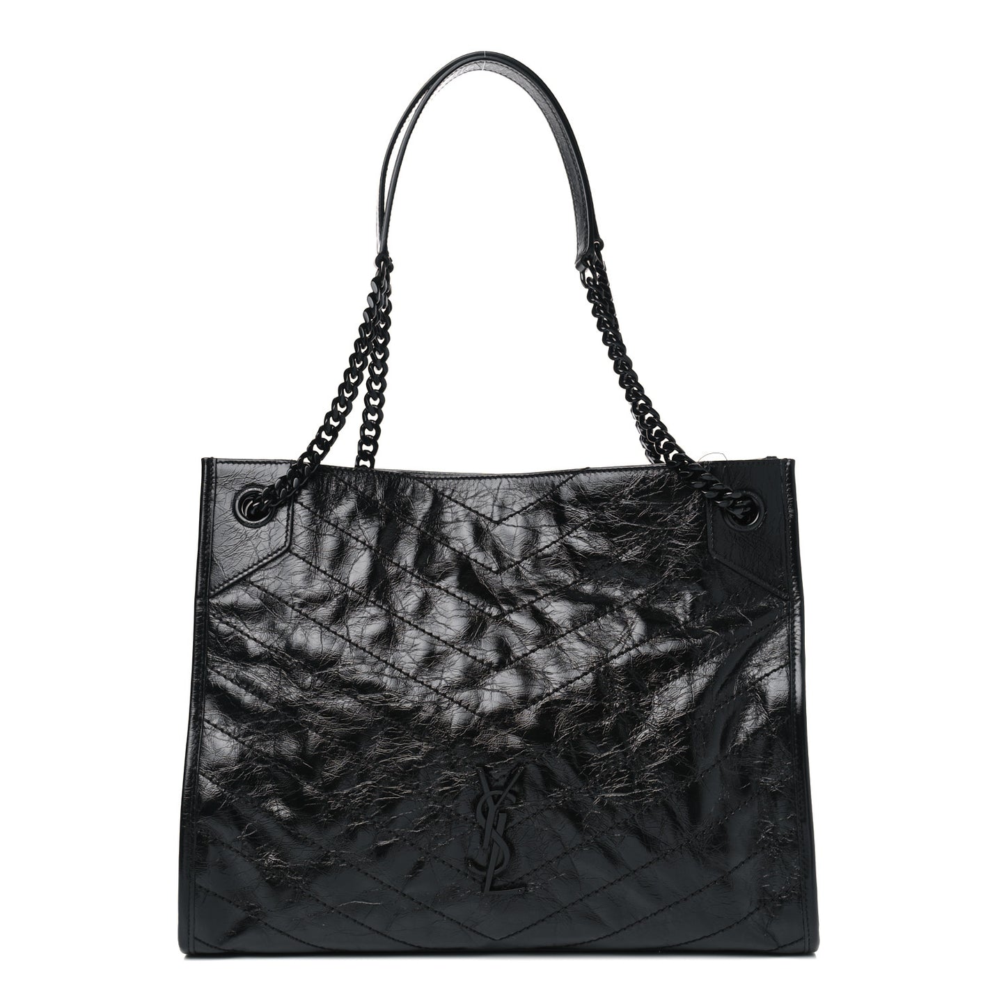 Crinkled Calfskin Matelasse Monogram Medium Niki Shopper Tote Black