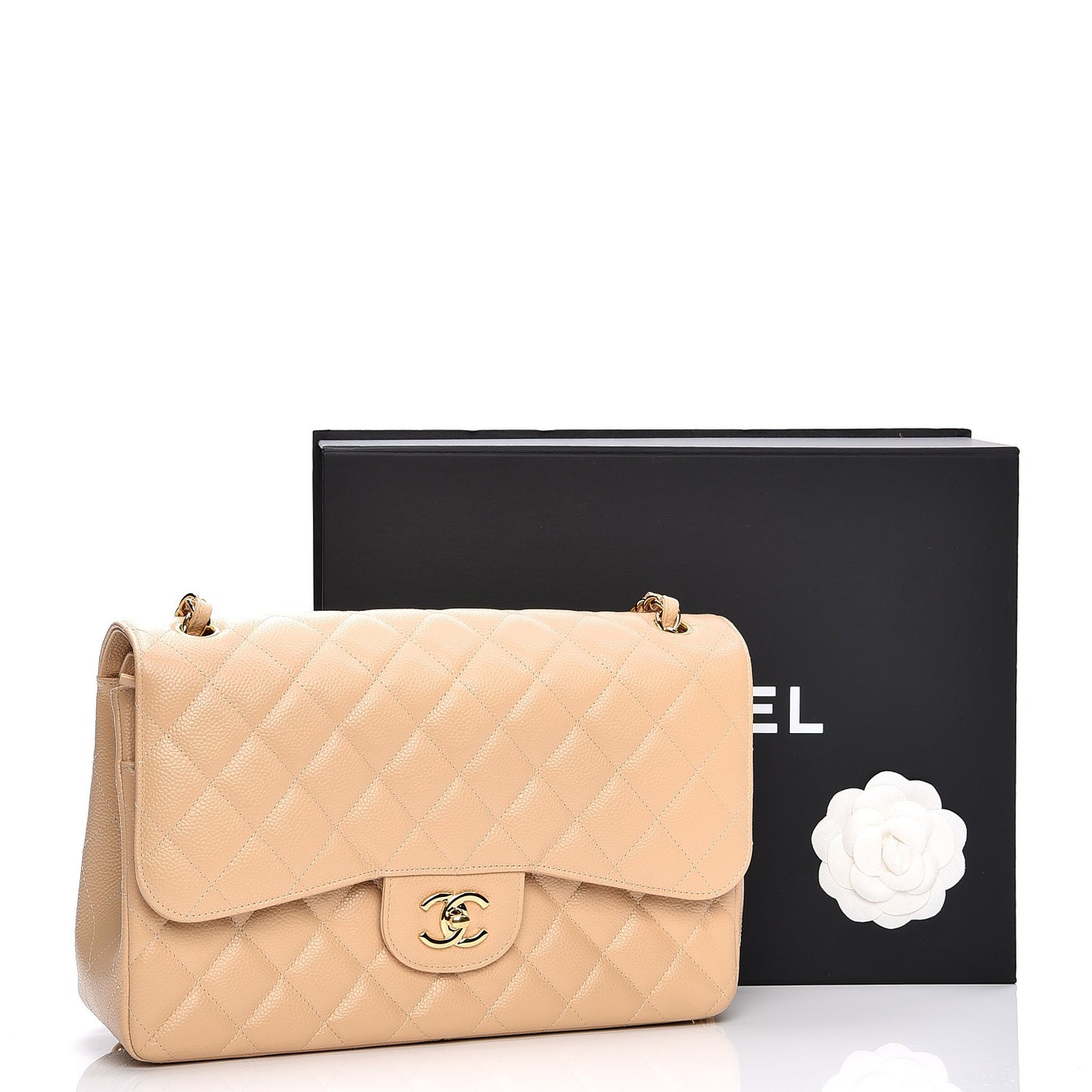 Caviar Quilted Jumbo Double Flap Beige Clair