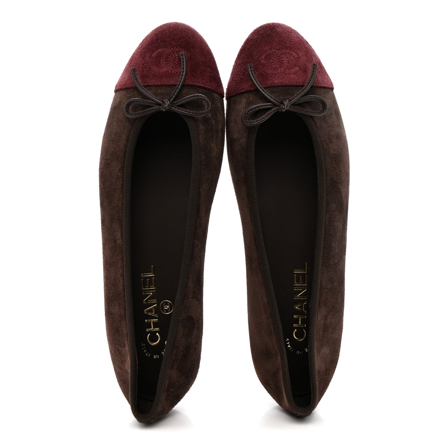 Suede Calfskin Cap Toe CC Ballerina Flats 40 Dark Brown Burgundy