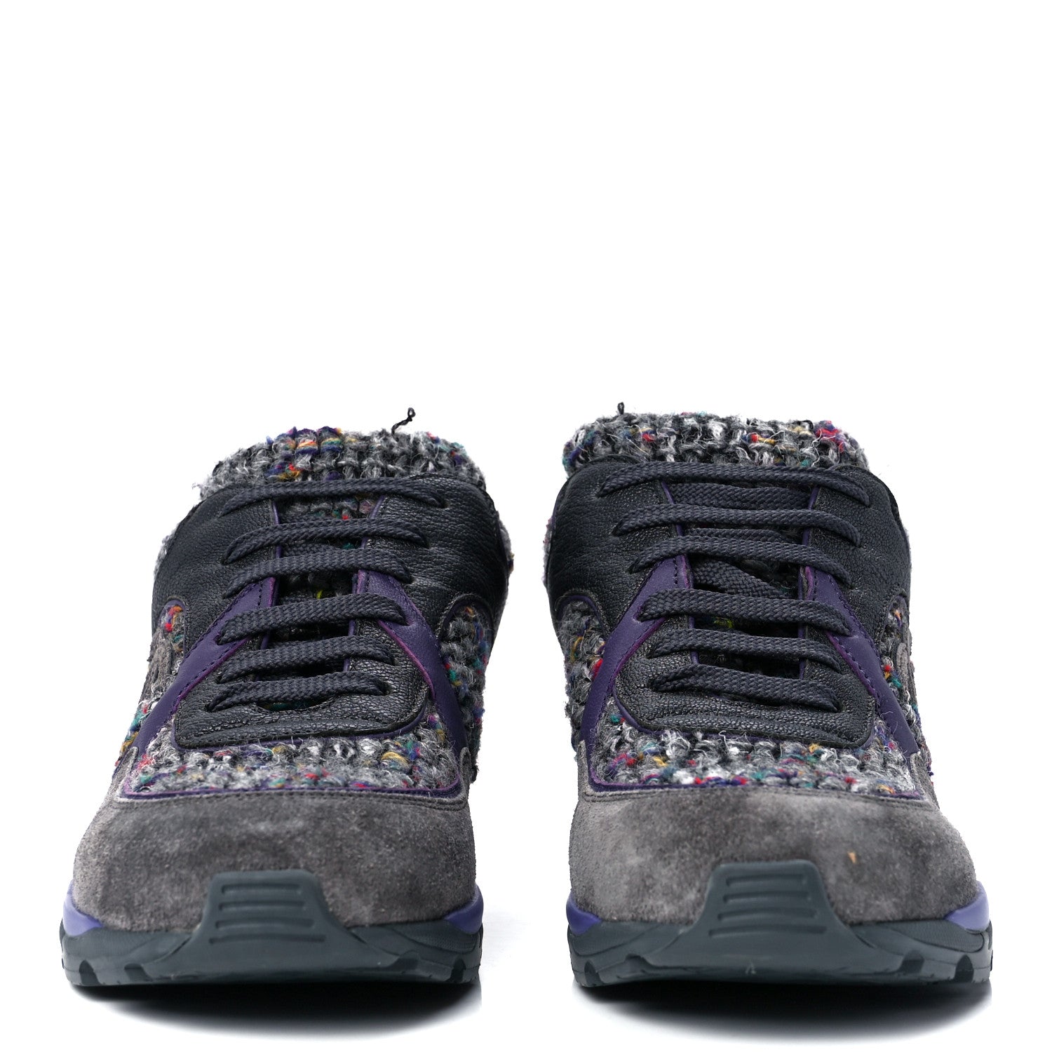 Chanel Suede Tweed Goatskin CC Sneakers 37.5 Grey Purple 2 of 8