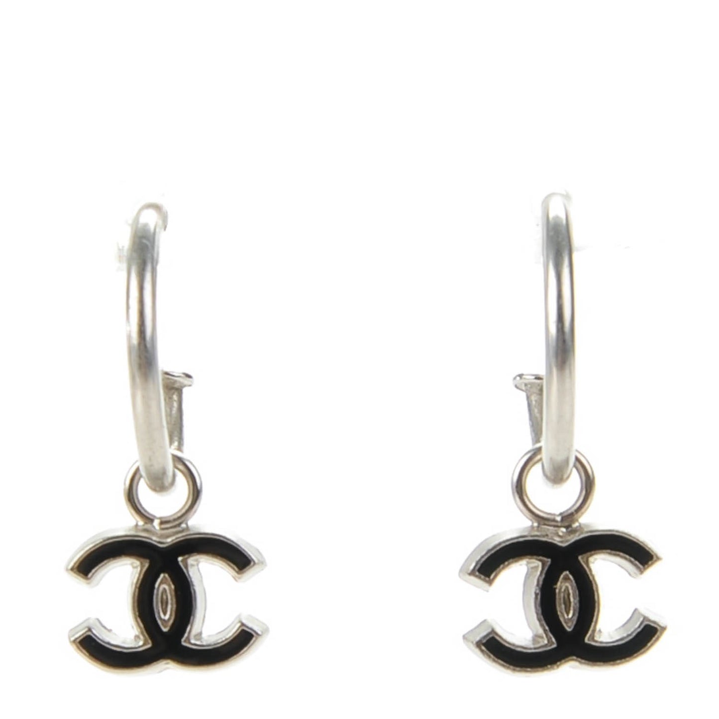 Enamel CC Hoop Earrings Silver Black