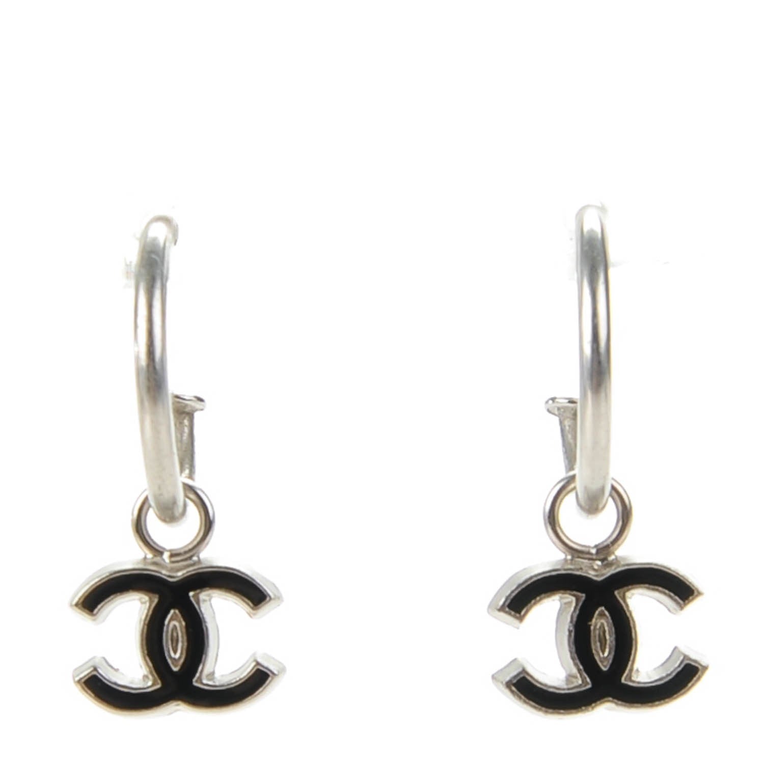 Chanel Enamel CC Hoop Earrings Silver Black 1 of 4