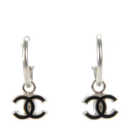 Chanel Enamel CC Hoop Earrings Silver Black 1 of 4