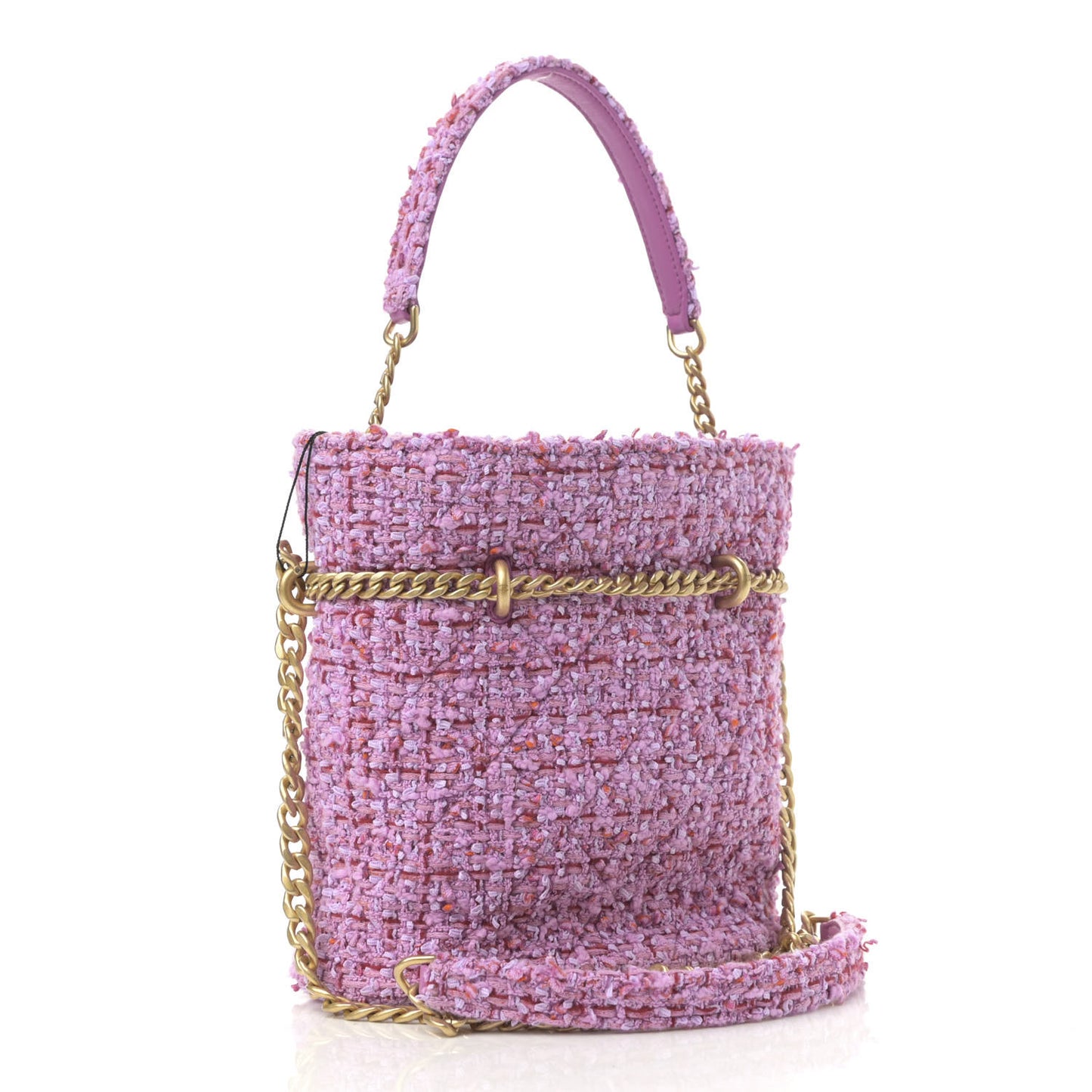 Tweed Enamel Quilted Pending CC Bucket Drawstring Bag Light Purple Pink Red