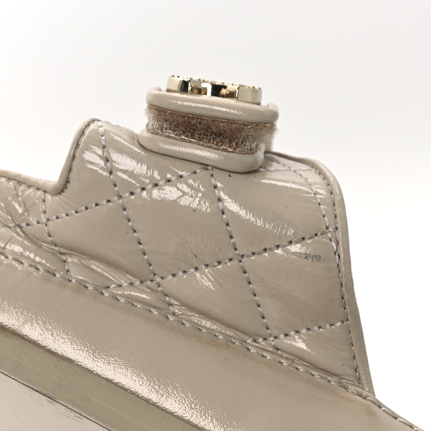 Chanel Shiny Calfskin Quilted Velcro Dad Crystal CC Slide Sandals 39 Beige 10 of 13