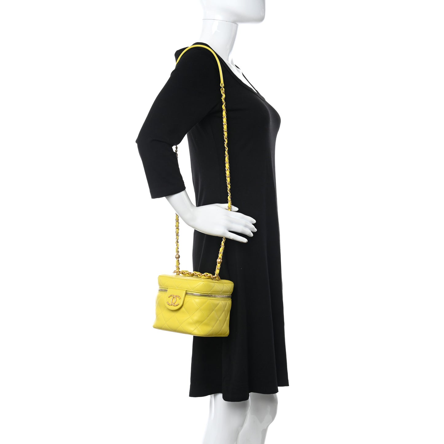 Calfskin Quilted Small Vanity Case With Chain Yellow