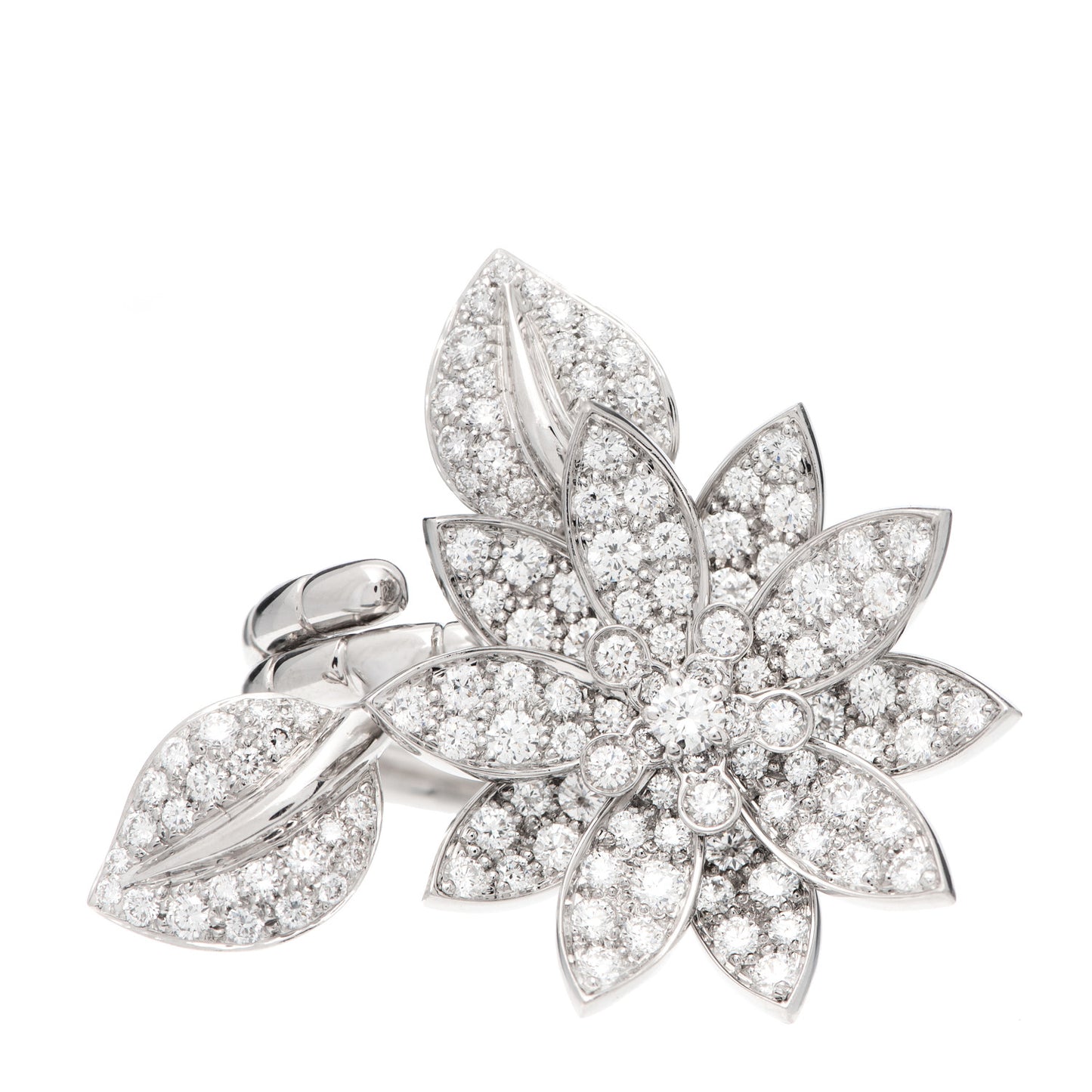 18K White Gold Diamond Lotus Between The Finger Ring 50 5.25