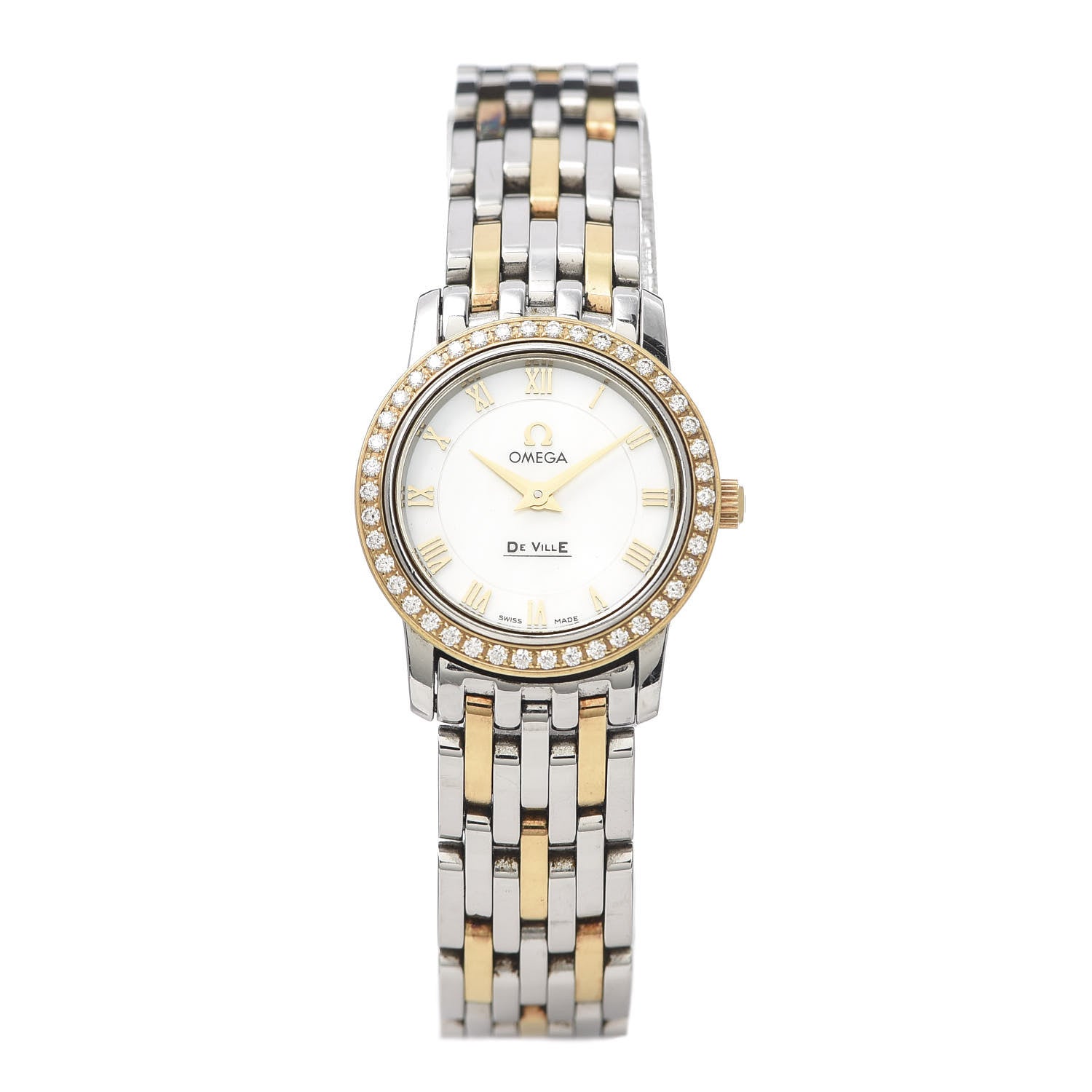 Omega Stainless Steel 18K Yellow Gold Diamond Bezel Mother of Pearl 22mm De Ville Prestige Quartz Watch 4375.75.00 1 of 7