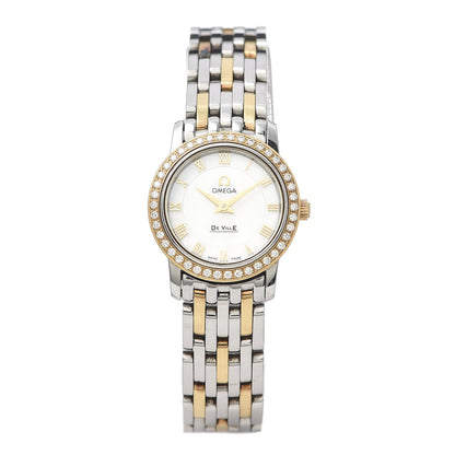 Omega Stainless Steel 18K Yellow Gold Diamond Bezel Mother of Pearl 22mm De Ville Prestige Quartz Watch 4375.75.00 1 of 7