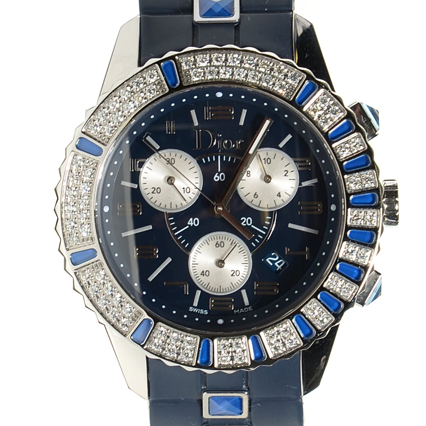 Stainless Steel Rubber Diamond Blue Sapphire 38mm Christal Chronograph Quartz Watch Blue