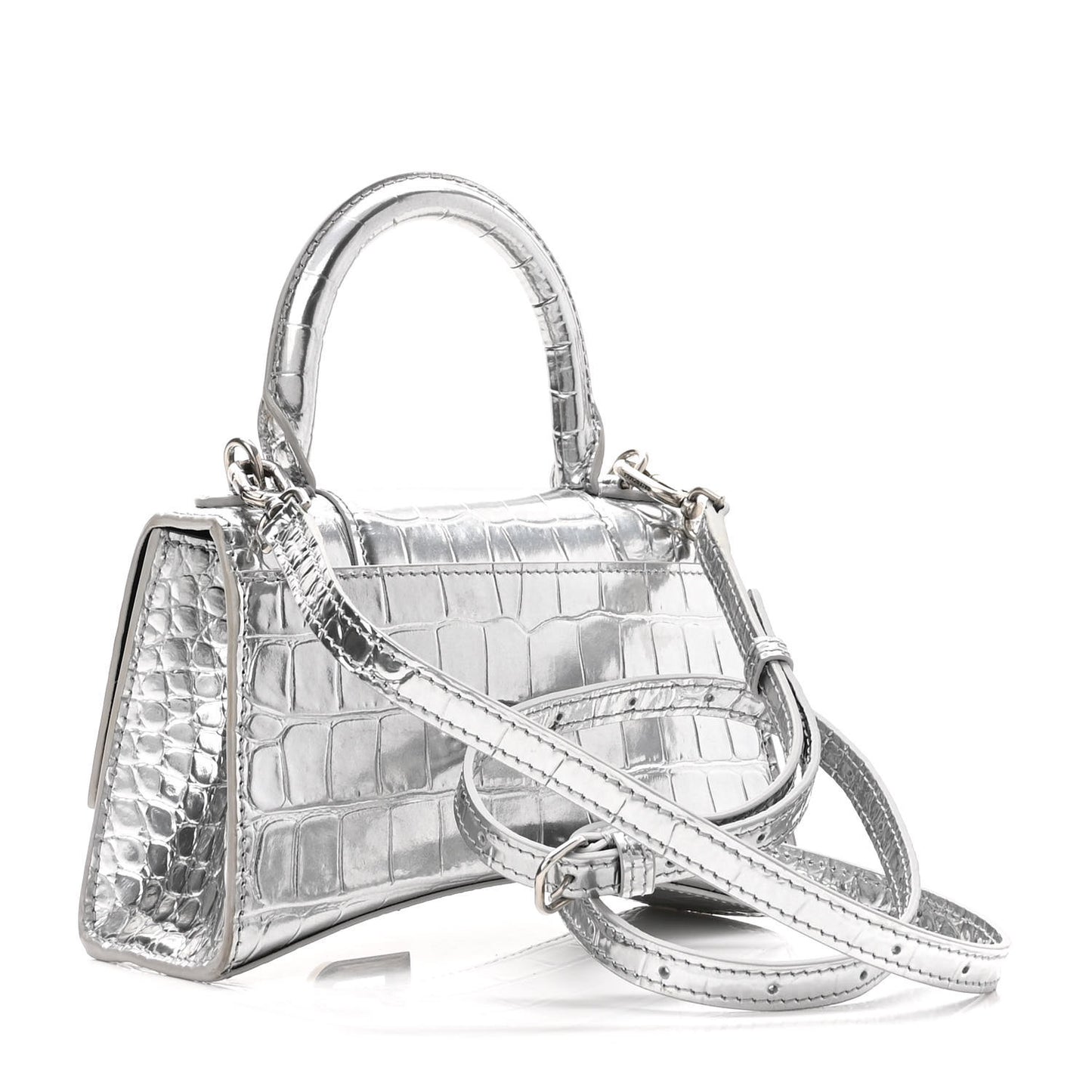 Metallic Calfskin Crocodile Embossed Hourglass Top Handle Bag XS Silver