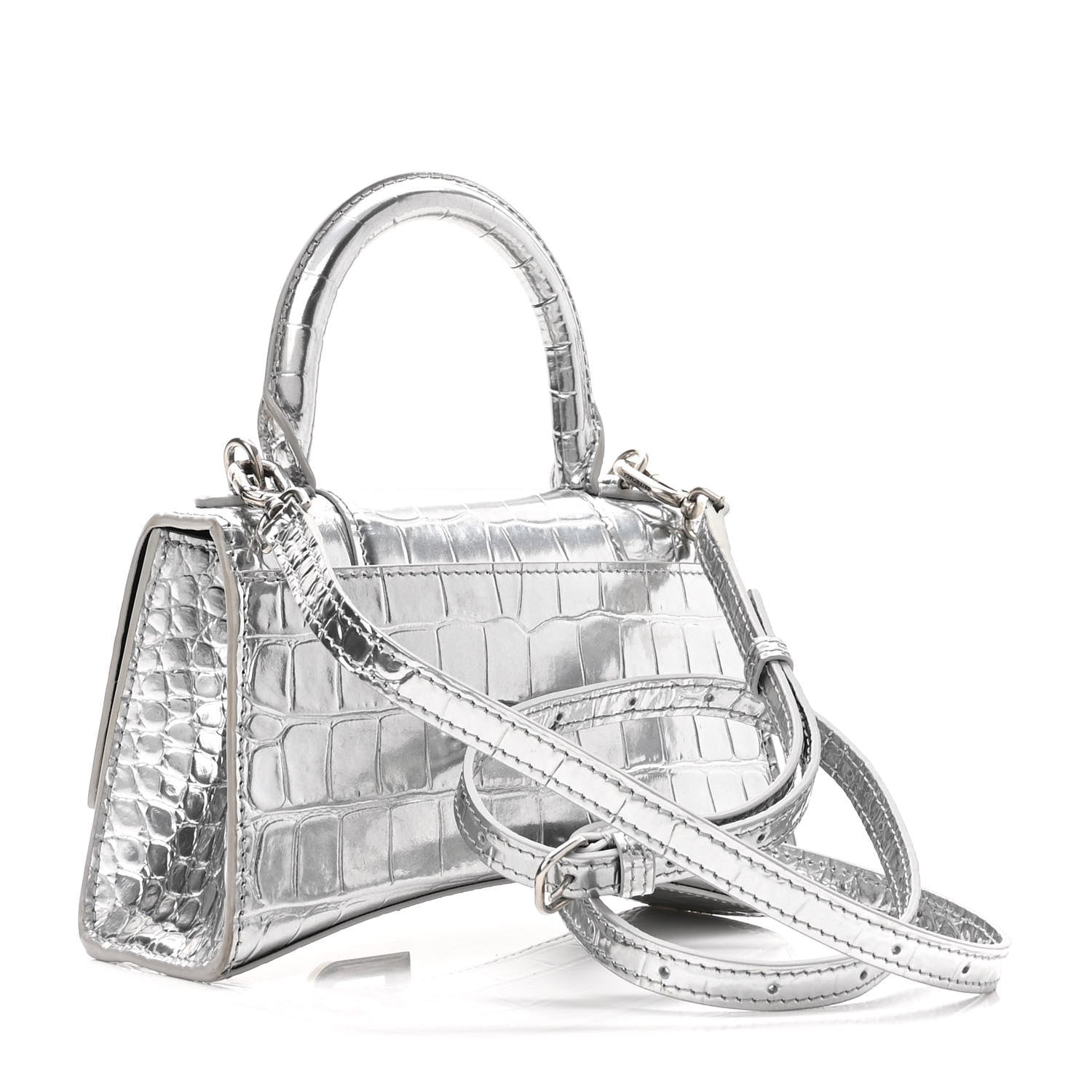 Balenciaga Metallic Calfskin Crocodile Embossed Hourglass Top Handle Bag XS Silver 3 of 9