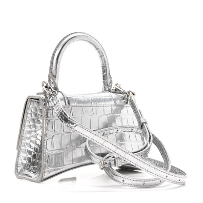 Balenciaga Metallic Calfskin Crocodile Embossed Hourglass Top Handle Bag XS Silver 3 of 9