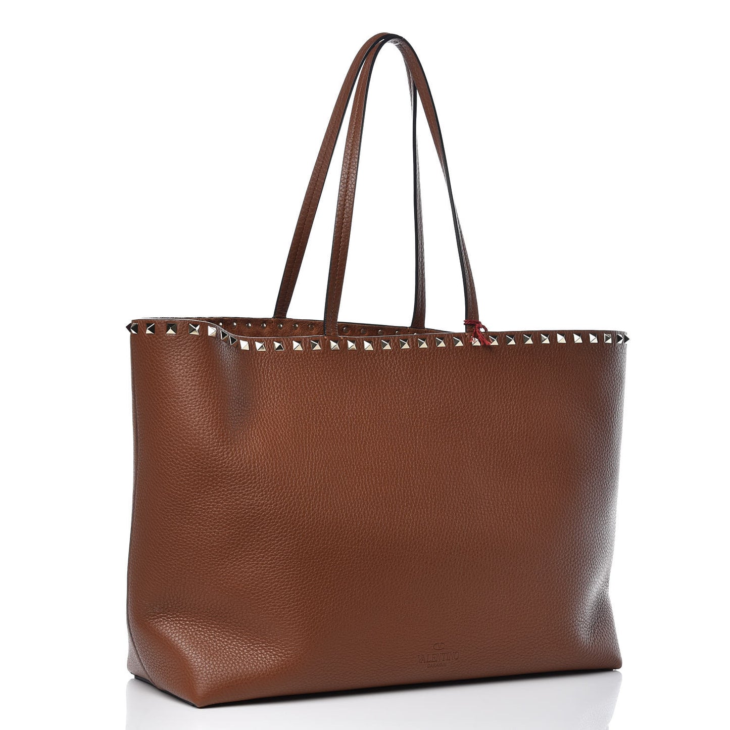 Grained Calfskin Rockstud Shoulder Tote Bright Cognac