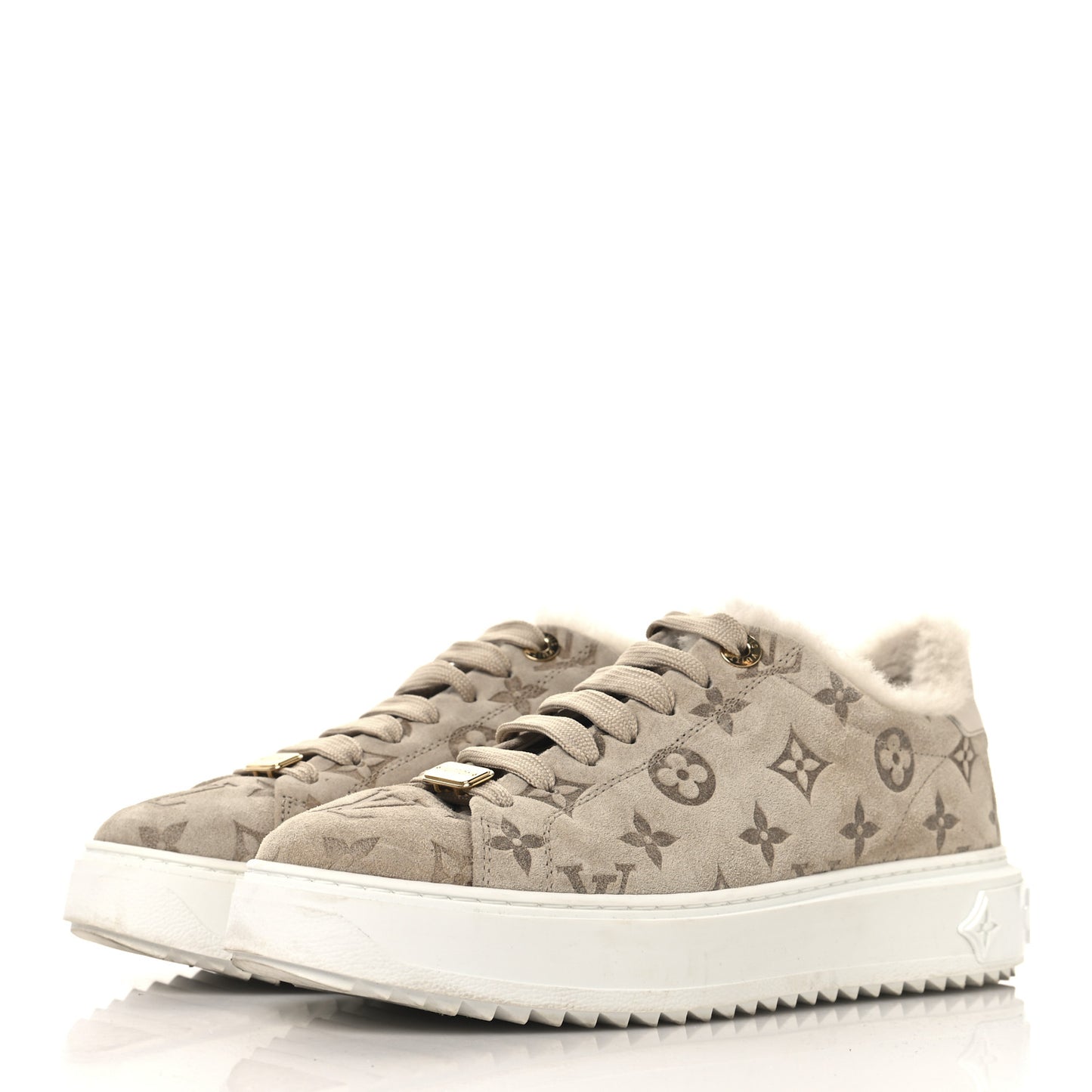 Suede Shearling Monogram Time Out Sneakers 39 Beige