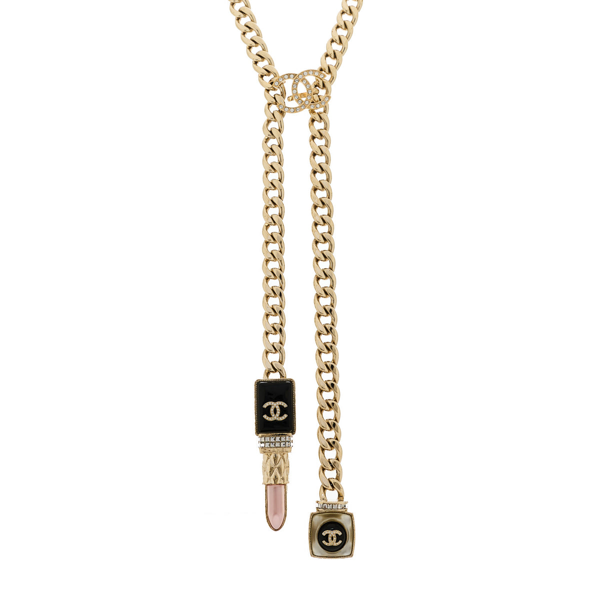 Metal Strass Pearl Lipstick Necklace Pink Gold