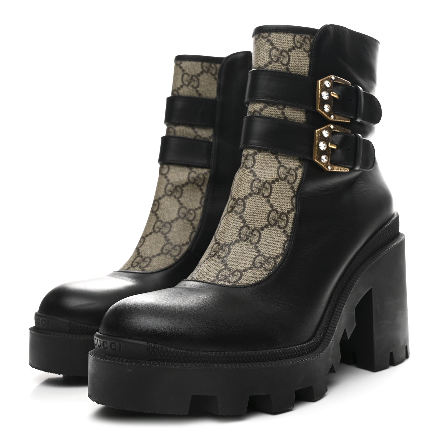 Gucci Kensington Calfskin Nappa GG Supreme Monogram Womens Double Buckle Ankle Boots 39 Black 6 of 10