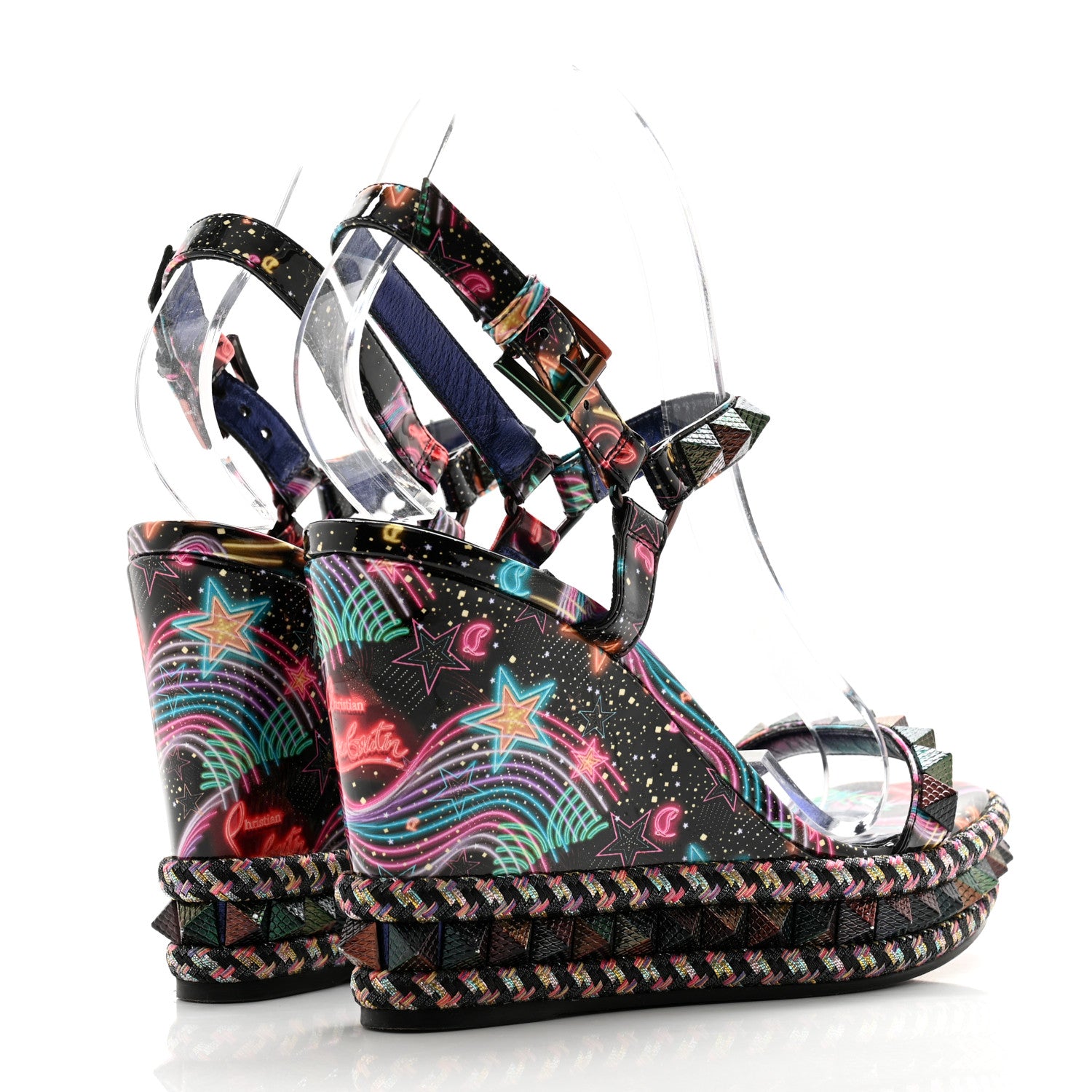 Christian Louboutin Patent Calfskin Lin By The Night Pyraclou 110 Wedge Sandals 38 Black Multicolor 4 of 9