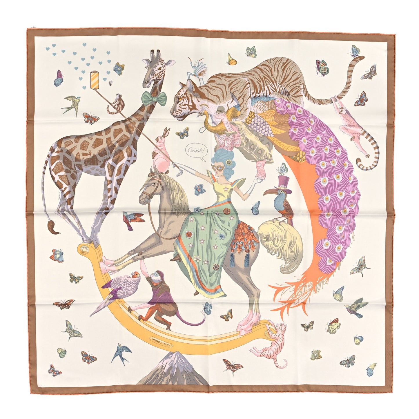 Silk Hermes Story Scarf 90 White Beige Multicolor