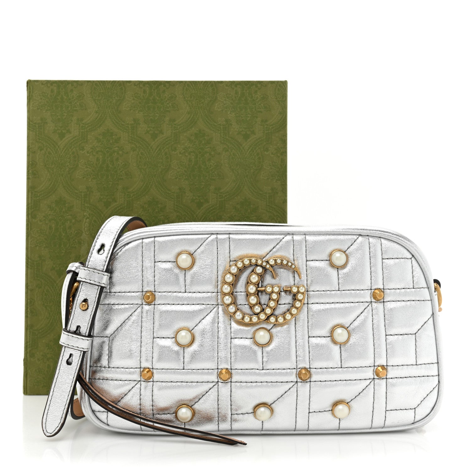 Gucci Metallic Calfskin Matelasse Studded Small Pearly GG Marmont Chain Shoulder Bag Silver 10 of 10
