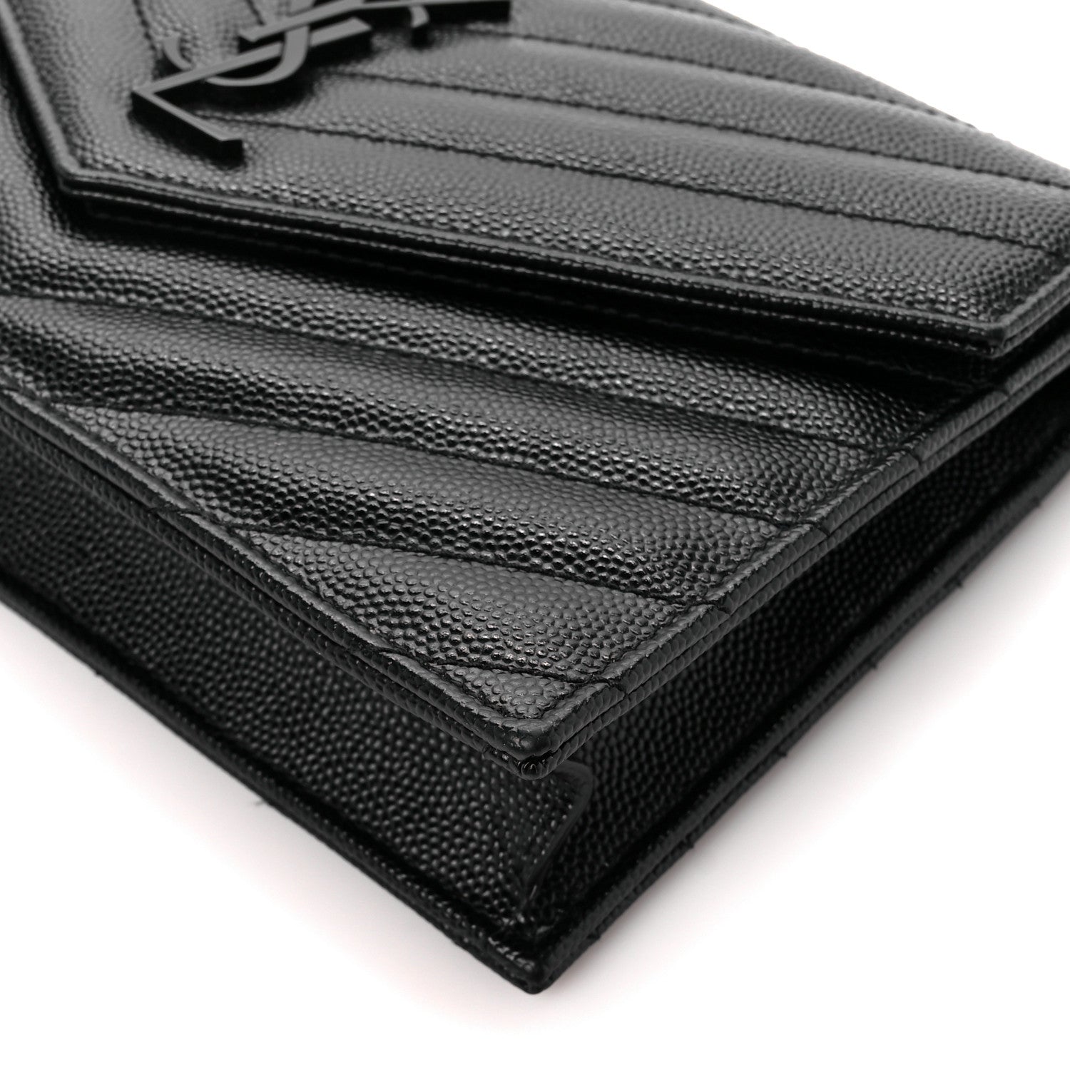 Saint Laurent Grain De Poudre Matelasse Chevron Monogram Monochrome Envelope Chain Wallet Black 9 of 9