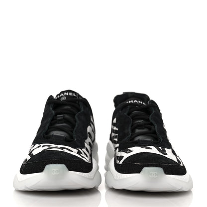 Chanel Nylon Suede Calfskin Printed Sneakers 40.5 White Black 2 of 8