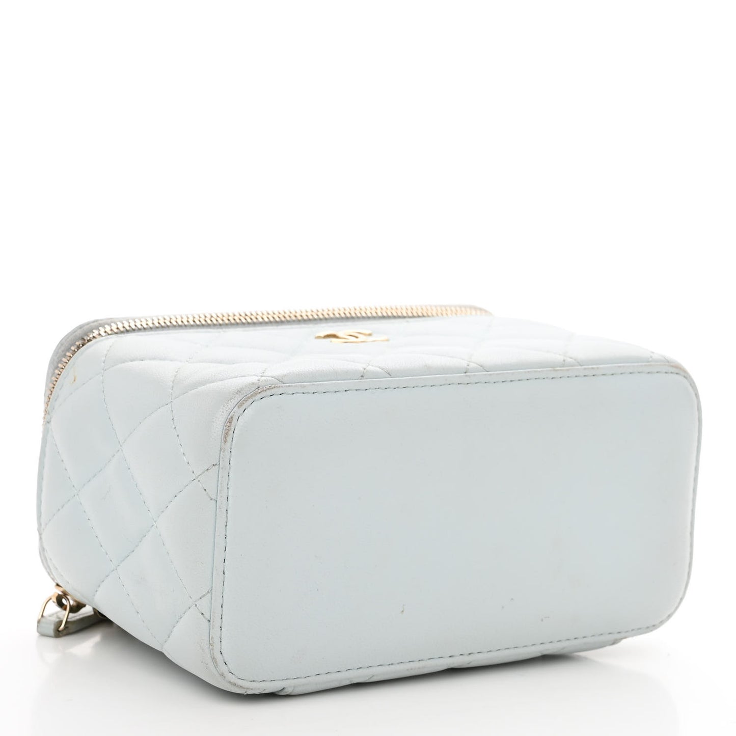 Lambskin Quilted Small Top Handle Vanity Case With Chain Light Blue