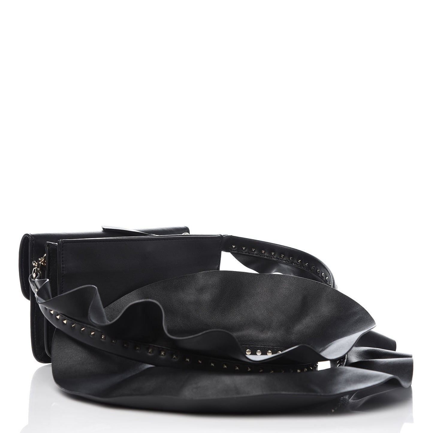 Calfskin Crystal Bead Embellished Mini Rockstud Love Story Ruffle Strap Bag Black