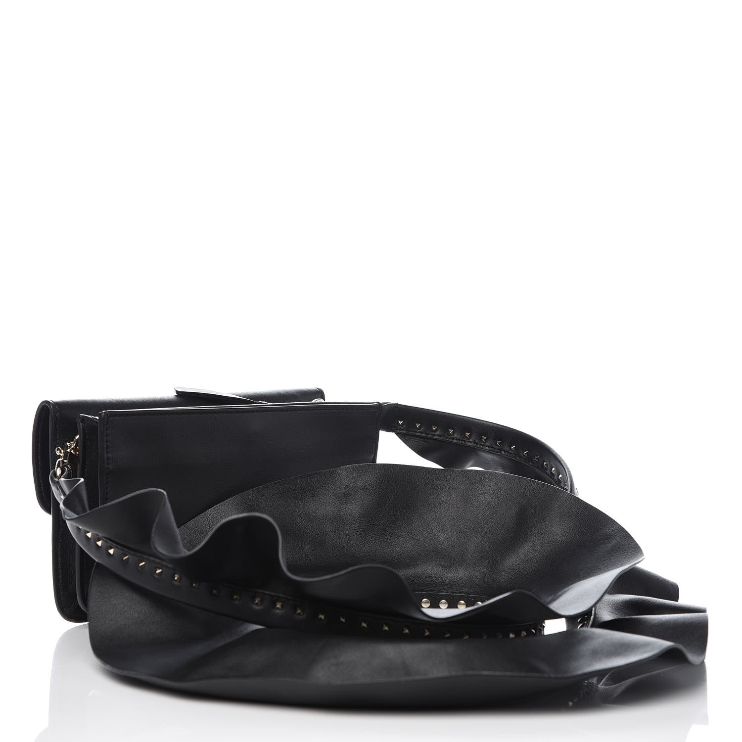 Valentino Garavani Calfskin Crystal Bead Embellished Mini Rockstud Love Story Ruffle Strap Bag Black 3 of 11