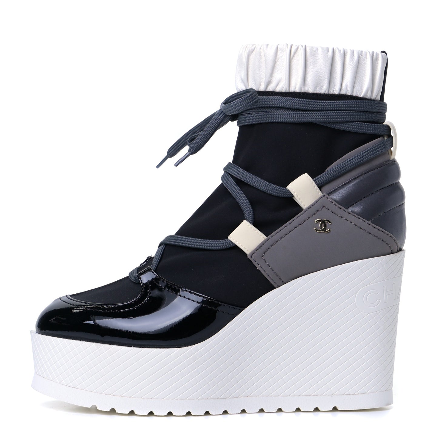 Patent Calfskin Runway Wedge Short Platform Boots 38 Grey White