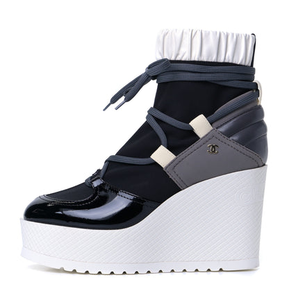 Chanel Patent Calfskin Runway Wedge Short Platform Boots 38 Grey White 1 of 7