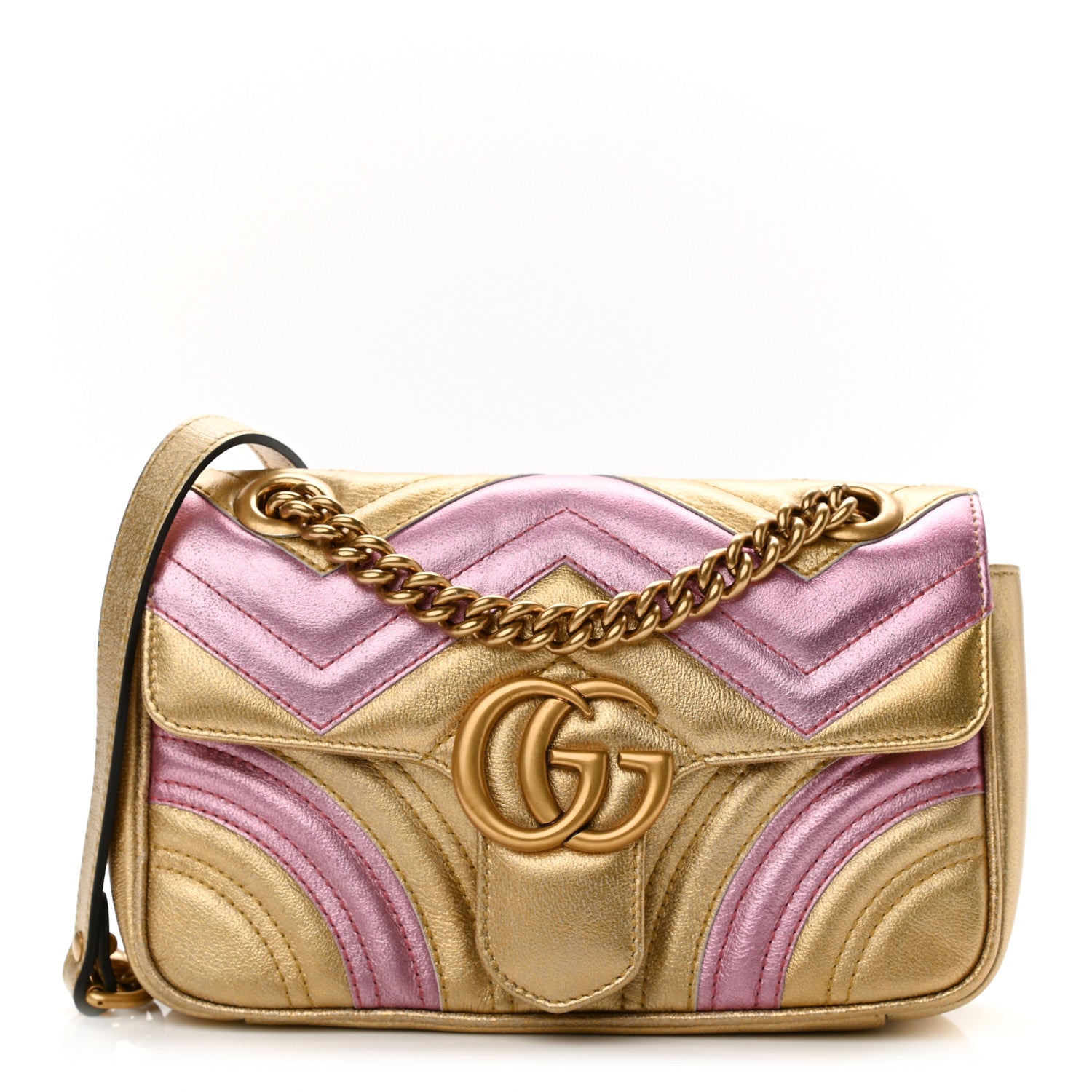 Gucci Metallic Calfskin Matelasse Mini GG Marmont Shoulder Bag Gold Pink 1 of 12