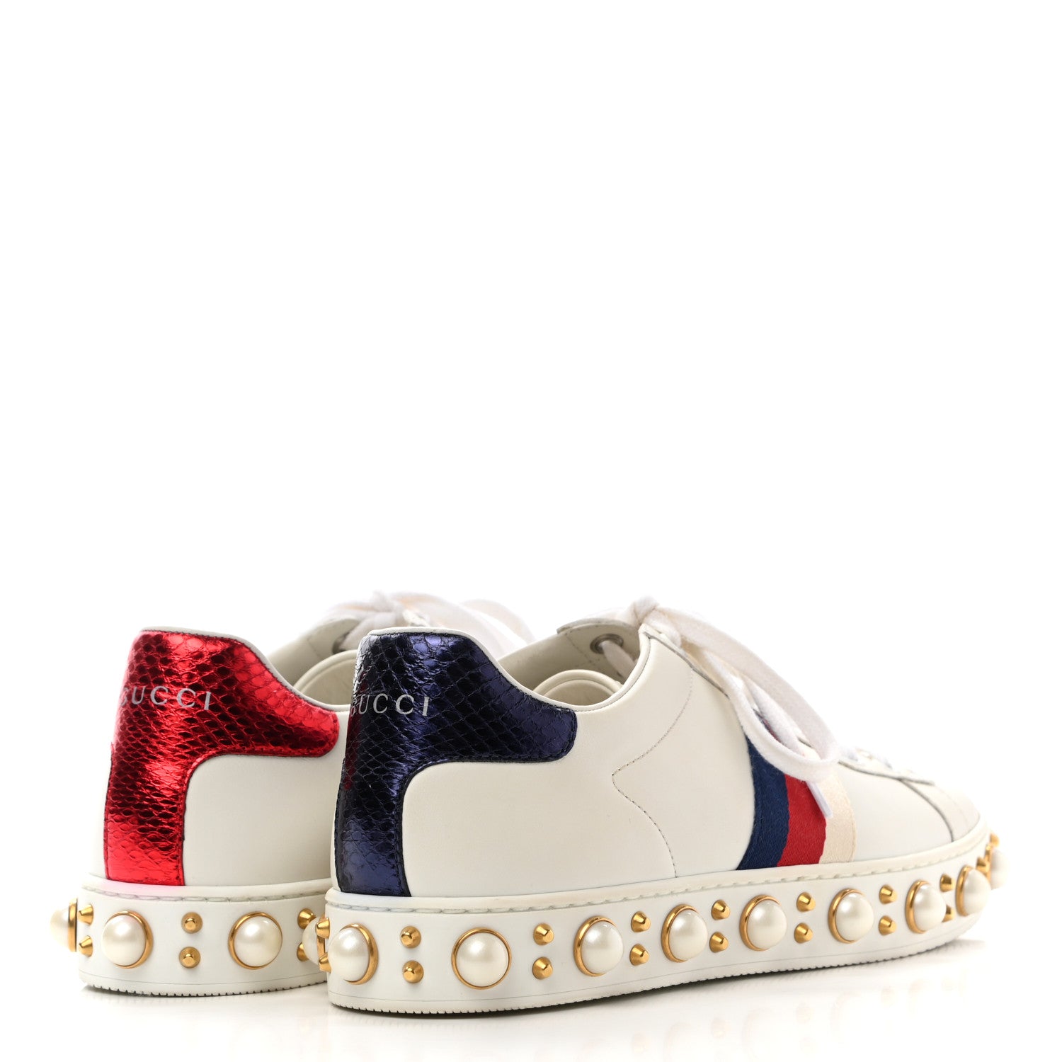 Gucci Calfskin Ayers Web Pearl Studded Womens Ace Sneakers 37 White 4 of 9