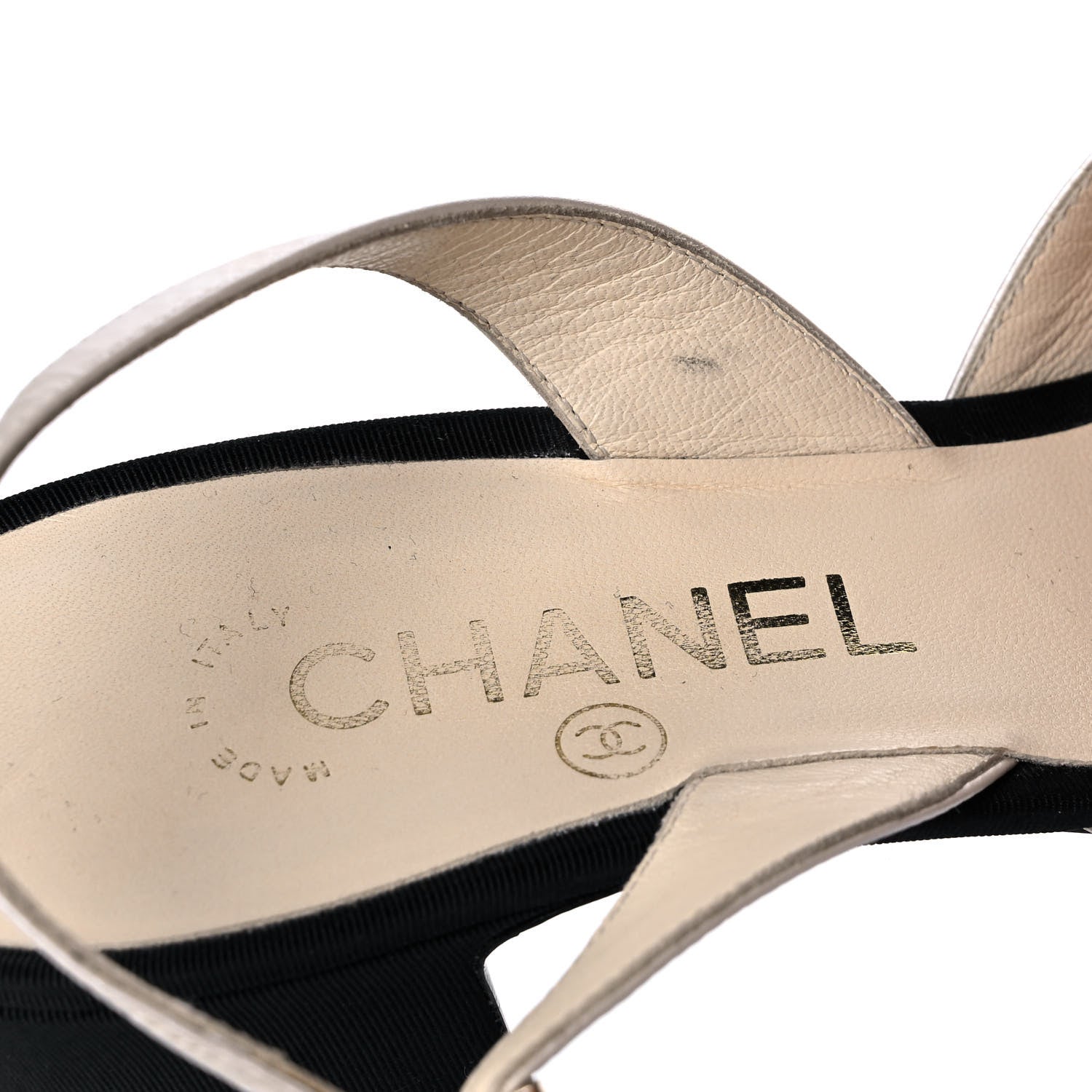 Chanel Metallic Calfskin Grosgrain Cap Toe CC Slingback Pumps 39.5 Ivory Black 7 of 9