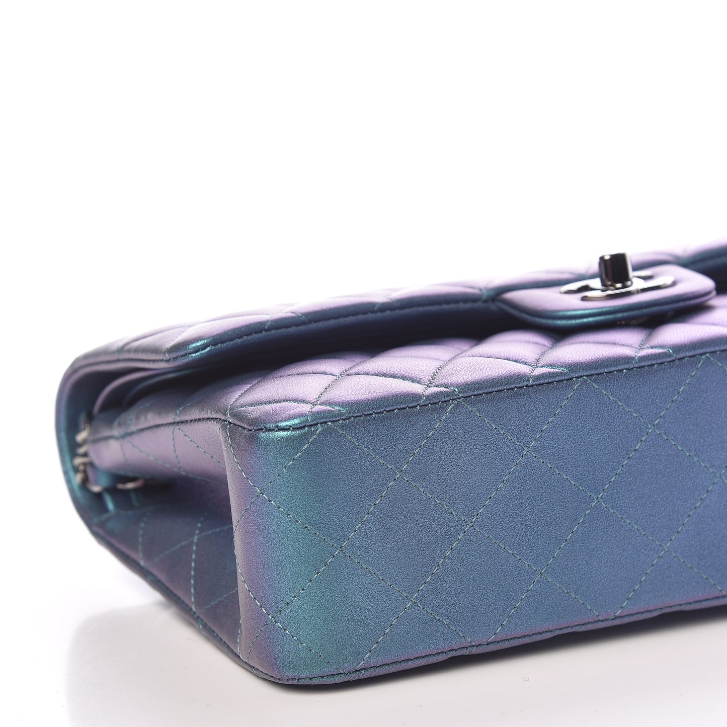 Metallic Lambskin Quilted Medium Double Flap Turquoise