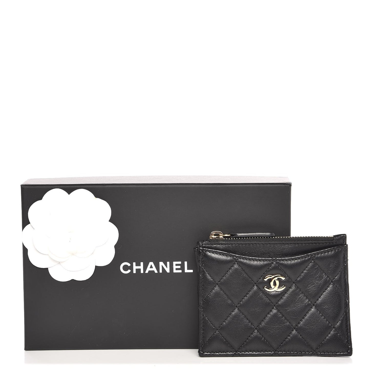 Lambskin Quilted Zip Card Holder Black