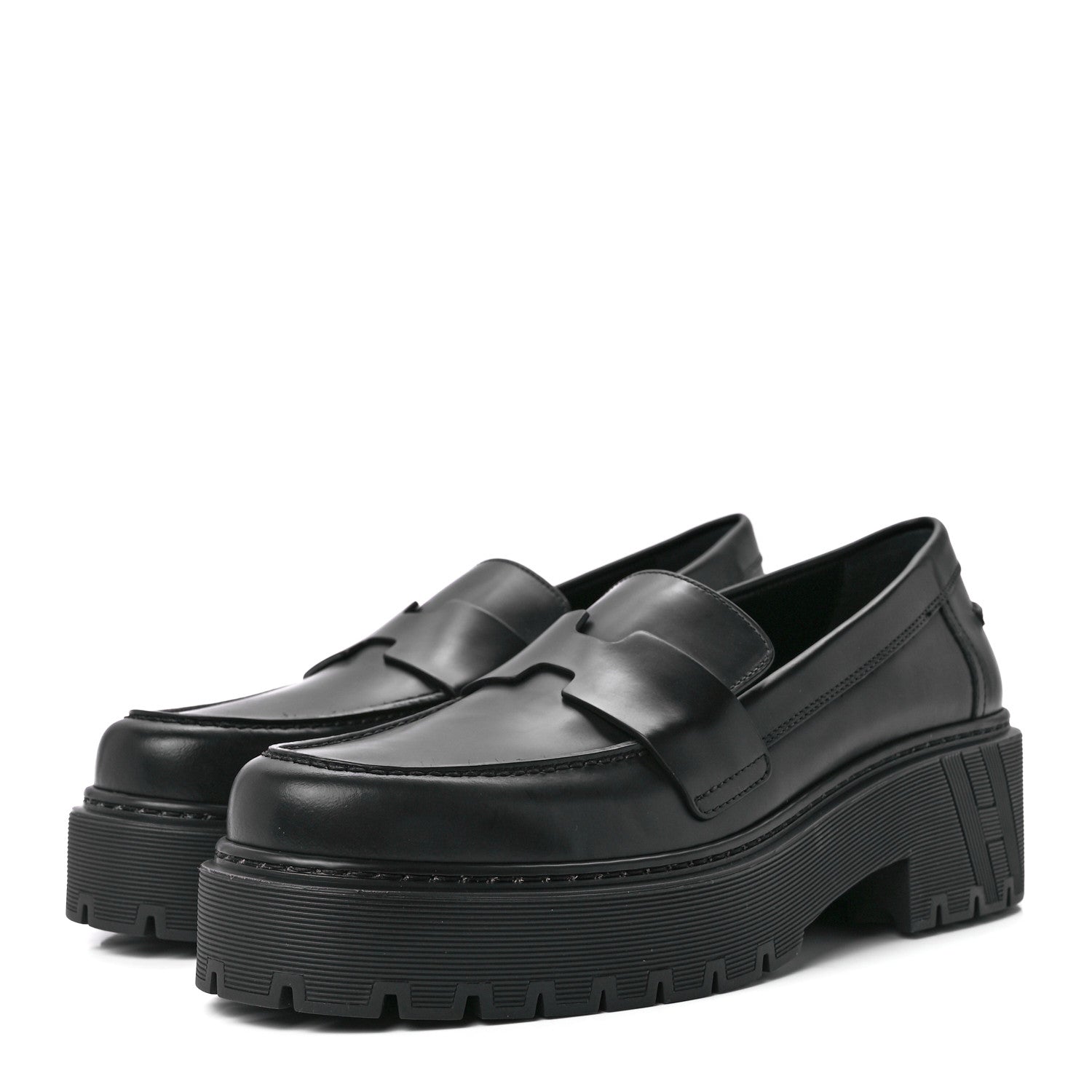 Hermes Glazed Calfskin Womens Hitch Loafers 37.5 Black 3 of 9