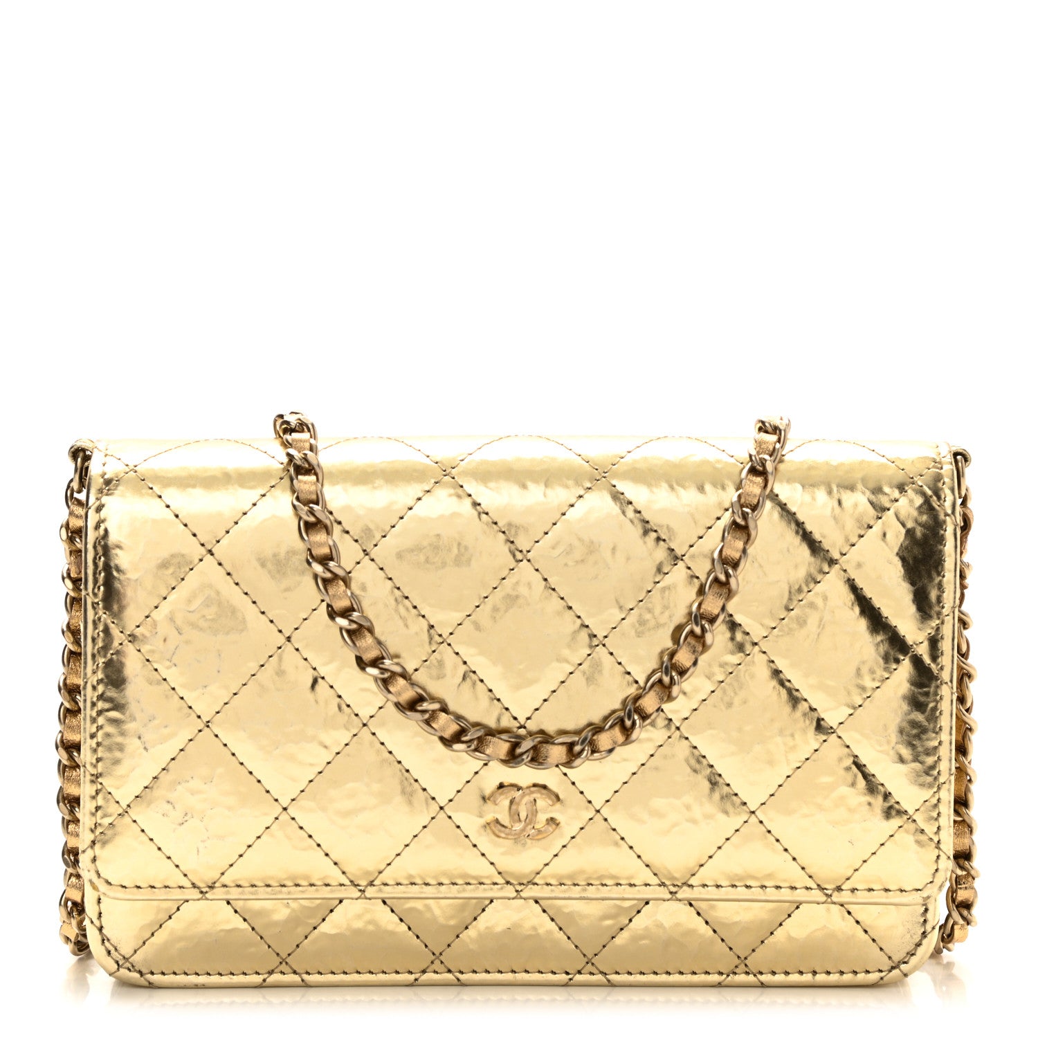 Chanel Hammered Metallic Calfskin Quilted Wallet On Chain WOC Gold 1 of 13