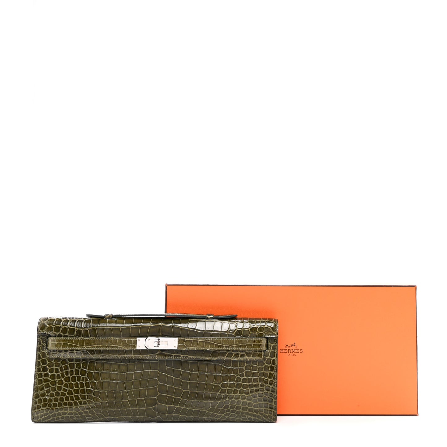 Shiny Porosus Crocodile Kelly Cut Pochette Vert Veronese