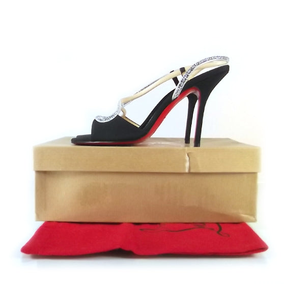 Christian Louboutin Crepe Satin Alta Perla Strass 100 Slingback Heels 39 Black 3 of 6