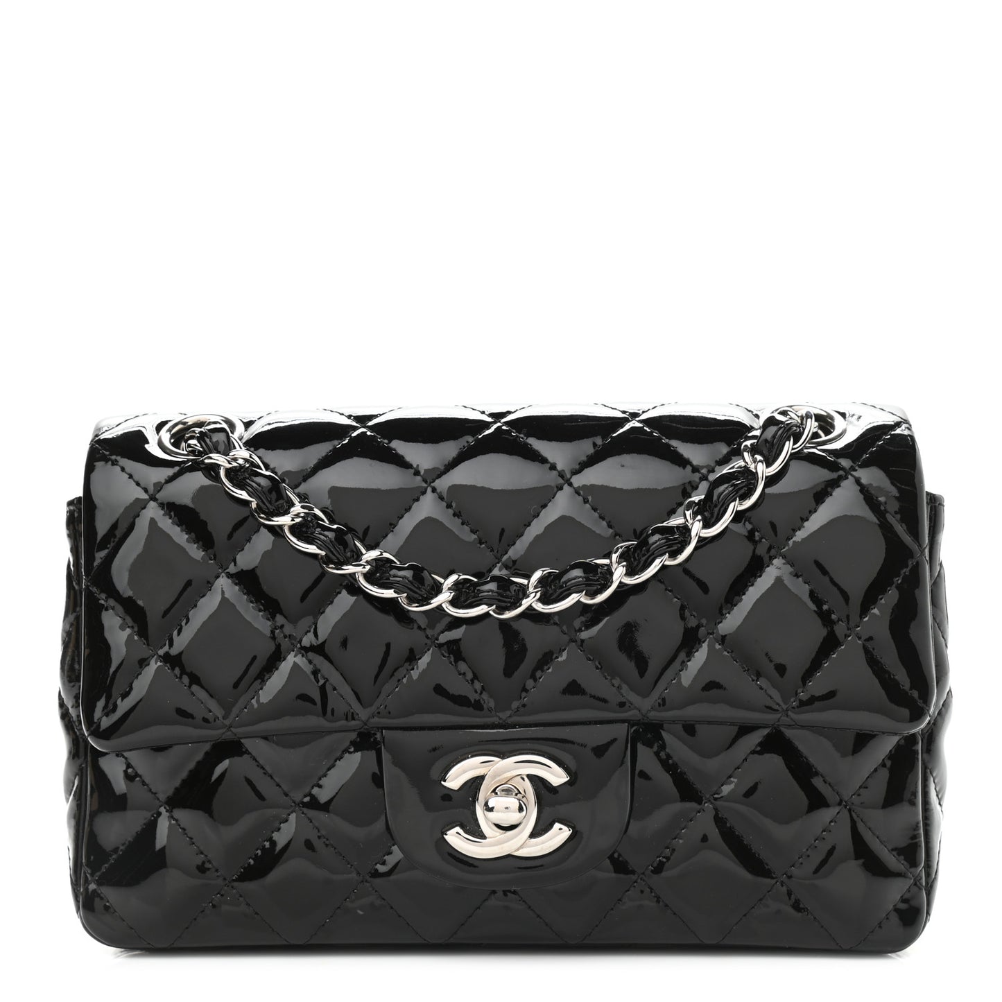 Patent Calfskin Quilted Mini Rectangular Flap Black