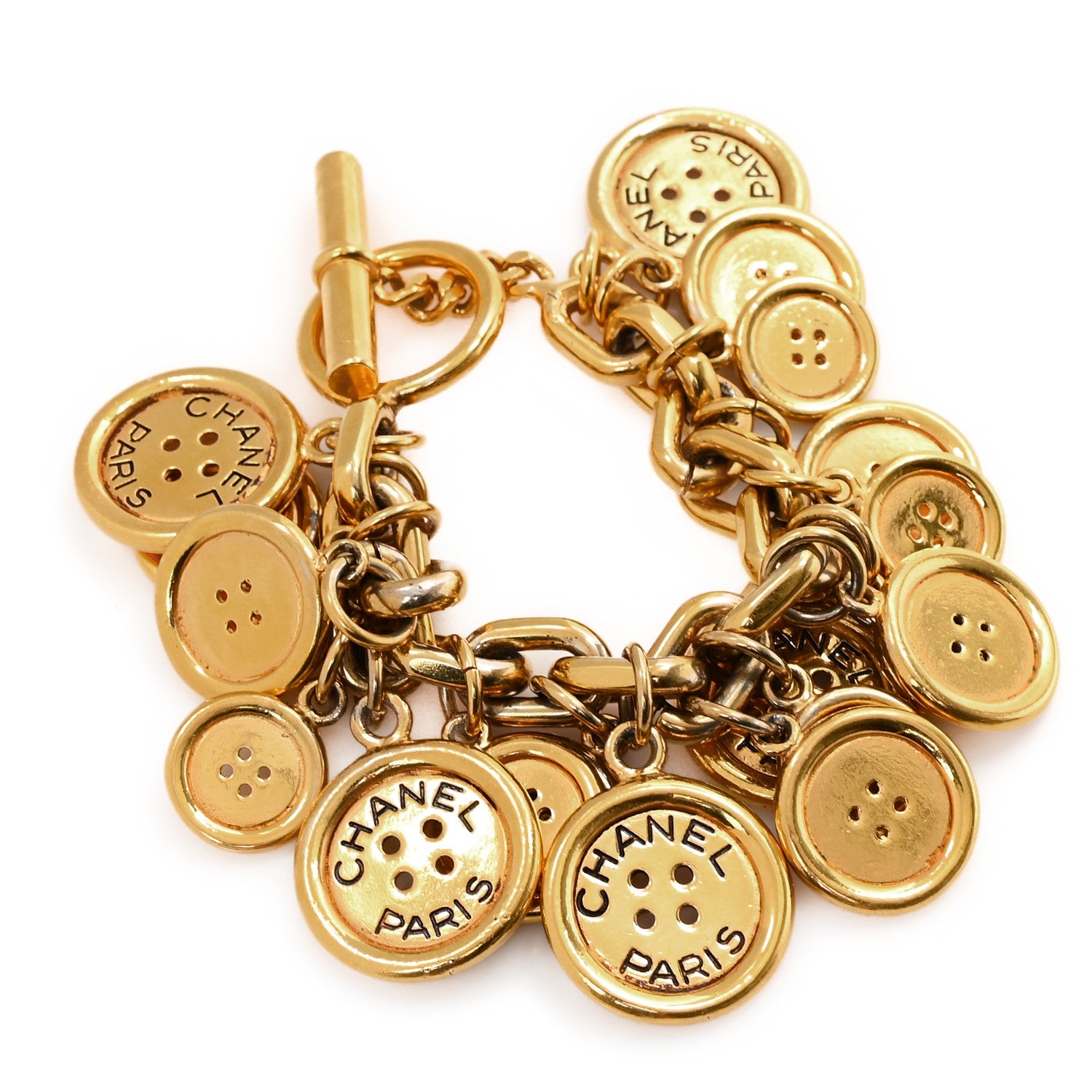 Chanel Metal Paris Button Charms Toggle Bracelet Gold 1 of 4