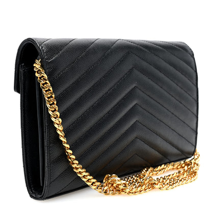 Saint Laurent Grain De Poudre Matelasse Chevron Monogram Chain Wallet Black 3 of 9