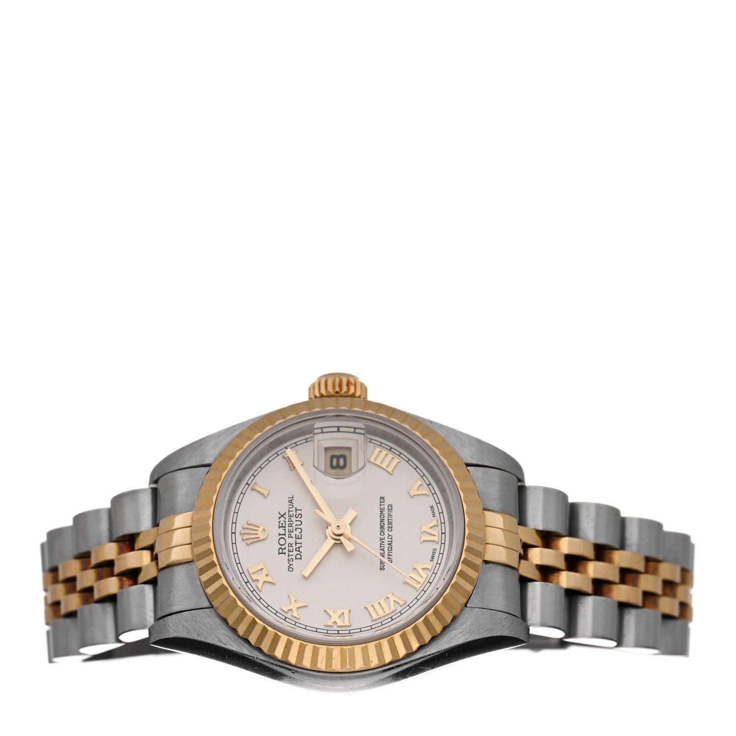 Rolex Stainless Steel 18K Yellow Gold 26mm Oyster Perpetual Datejust Watch White Pyramid Roman 79173 2 of 5