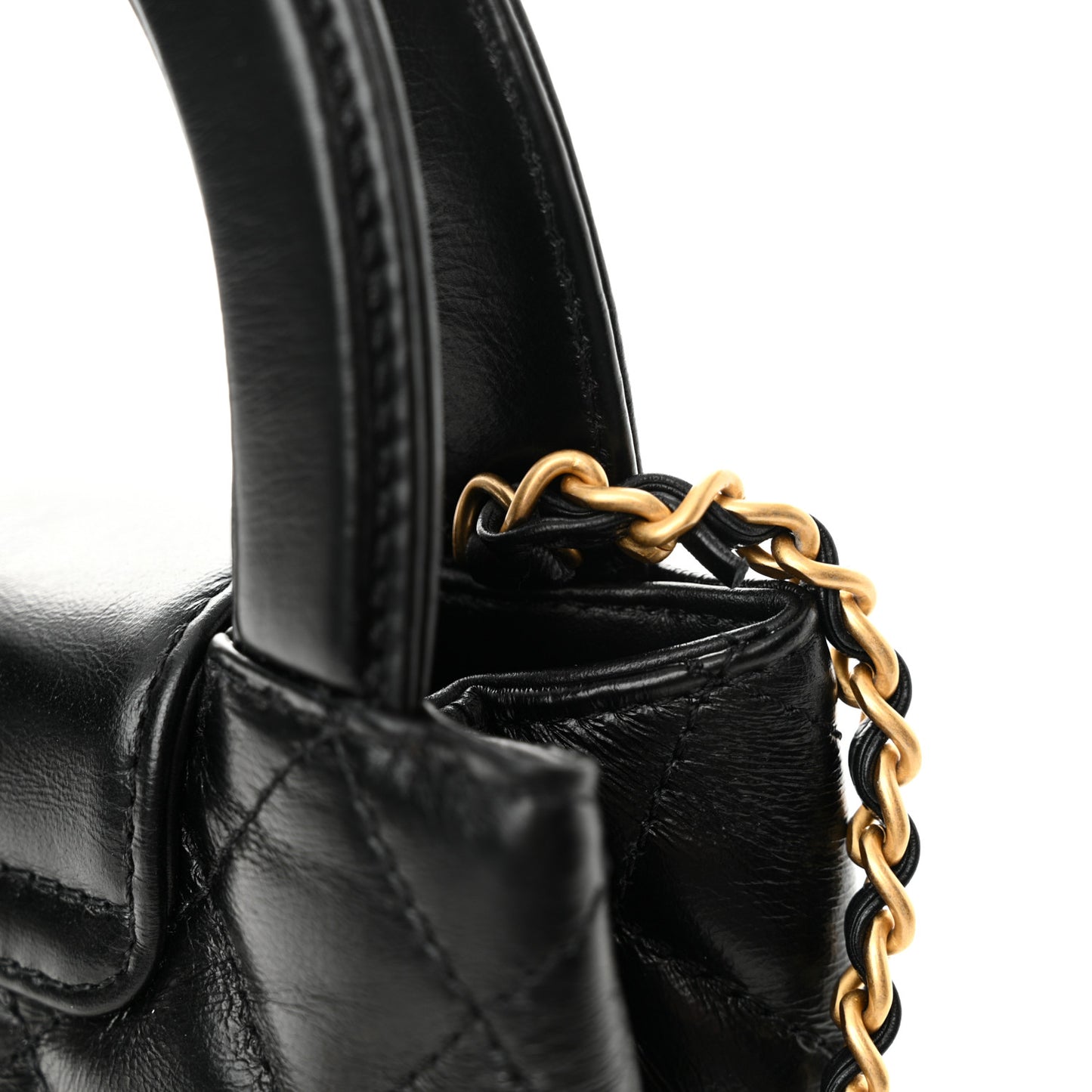 Shiny Aged Calfskin Quilted Nano Kelly Shopper Black