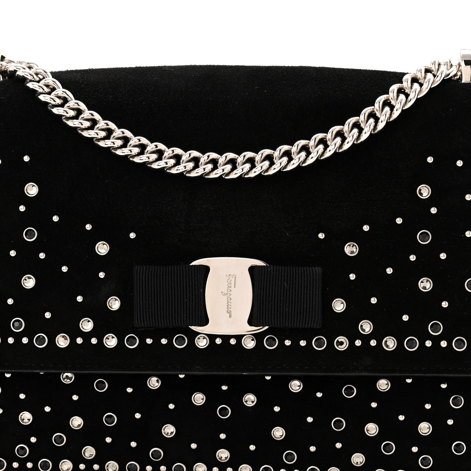 Salvatore Ferragamo Suede Calfskin Studded Crystal Ginny Vara Bow Shoulder Bag Black 7 of 9