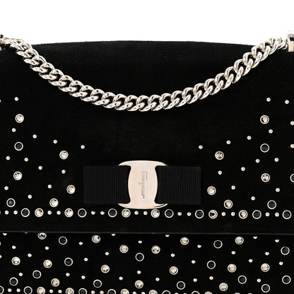 Salvatore Ferragamo Suede Calfskin Studded Crystal Ginny Vara Bow Shoulder Bag Black 7 of 9